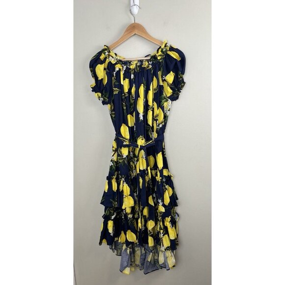 INA Lemon Dress Navy Tiered Ruffles High-Low Tie Waist Short Sleeve Sz Sm Whimsy - Picture 1 of 8